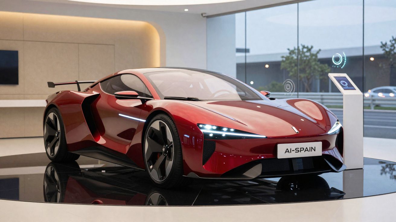 Carro desportivo vermelho com design futurista exposto em plataforma rotativa numa sala moderna.