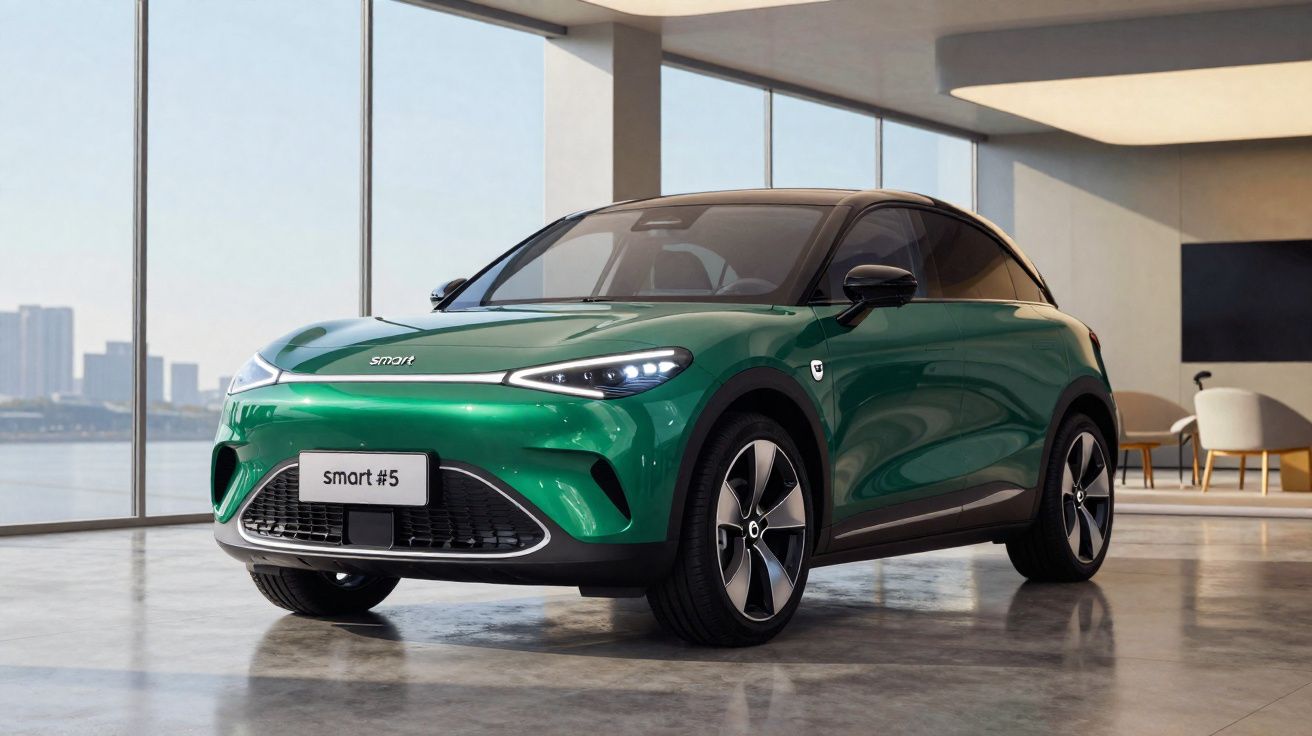 Carro elétrico Smart #5 verde estacionado em interior moderno com janelas amplas e vista para a cidade.