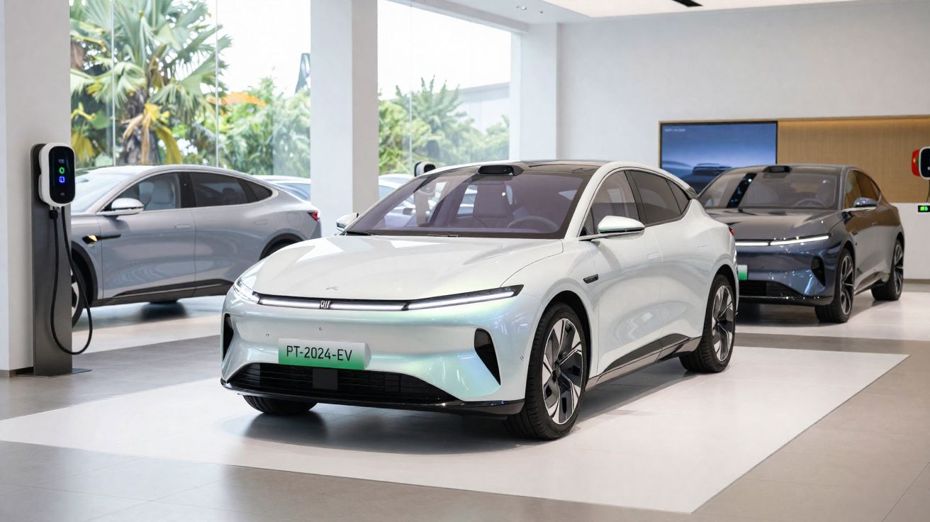 Interior de loja com três carros elétricos modernos estacionados para exibição e pontos de carregamento nas paredes.