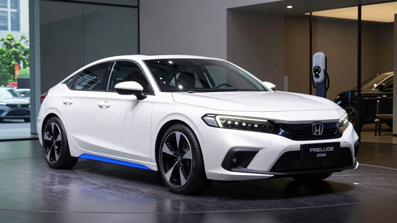 Carro elétrico Honda Prelude 2026 branco apresentado em showroom moderno.