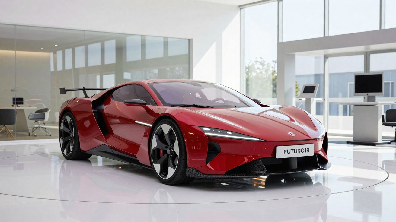 Carro desportivo elétrico vermelho futurista exposto em showroom moderno e minimalista com grandes janelas.