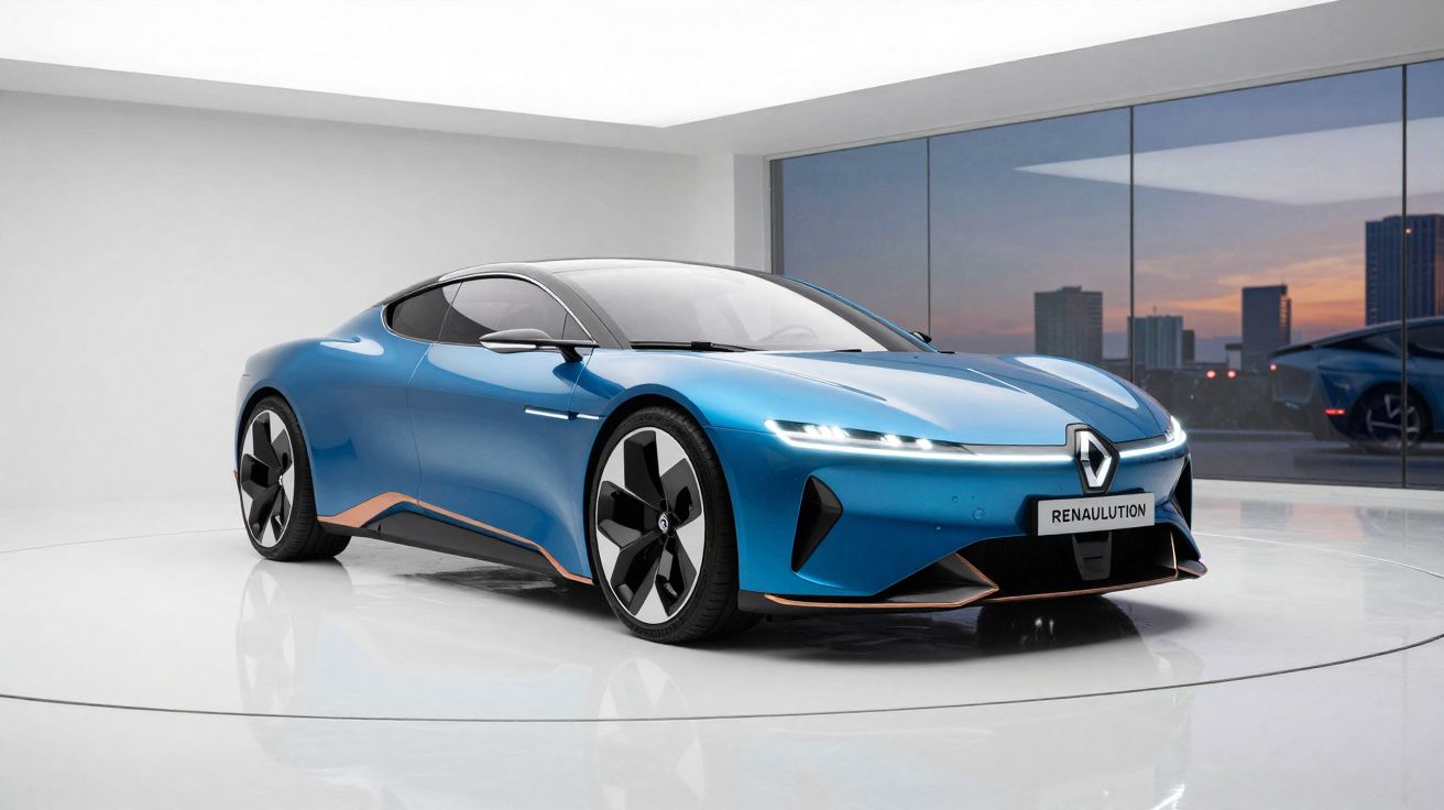 Carro desportivo elétrico azul Renault em exposição numa sala moderna com parede de vidro ao fundo.