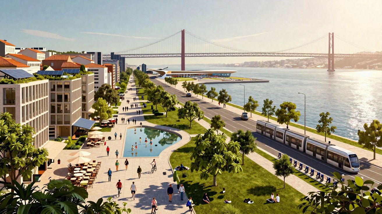Zona ribeirinha com passeio, ciclovia, elétrico, ponte e pessoas a desfrutar de um dia soalheiro.
