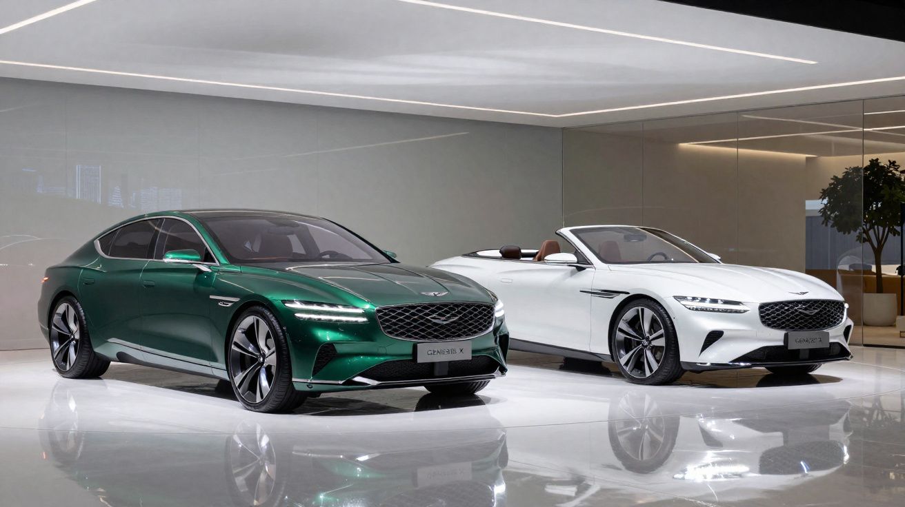 Dois automóveis Genesis GT em exposição: um sedan verde metálico e um descapotável branco num showroom moderno.