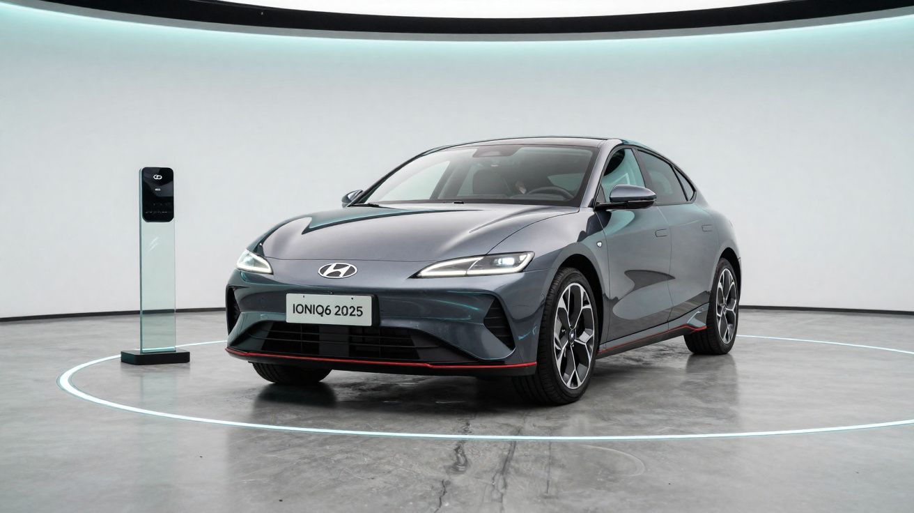 Automóvel elétrico Hyundai Ioniq 6 2025 cinzento num espaço moderno minimalista.