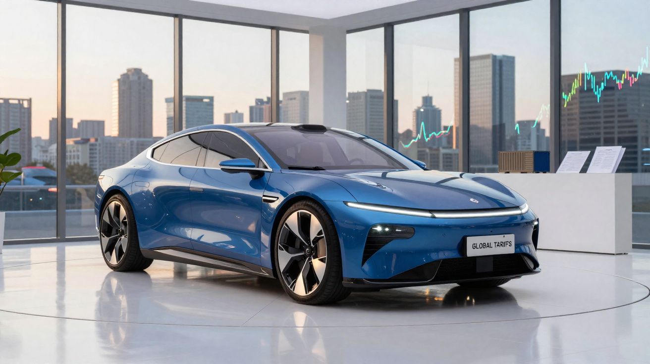 Carro elétrico azul moderno num showroom, com grandes janelas e vista urbana ao fundo.