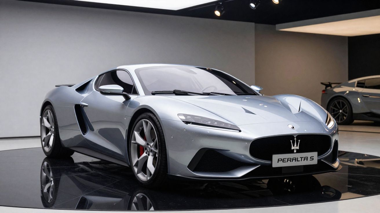 Carro desportivo prateado Peralta S exposto em sala moderna com teto iluminado.