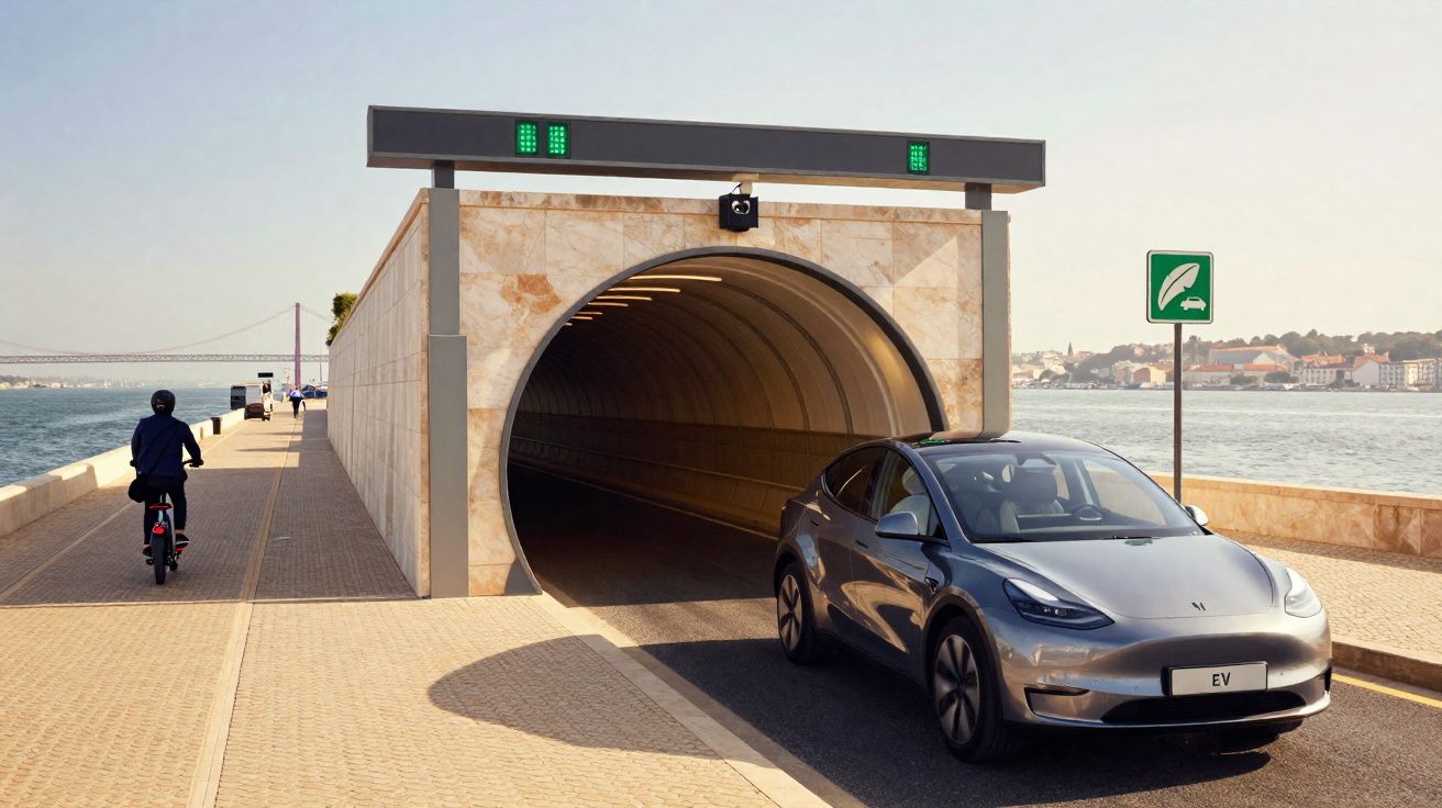 Carro elétrico cinzento a sair de túnel junto a ciclista numa ciclovia à beira-mar em dia soalheiro.