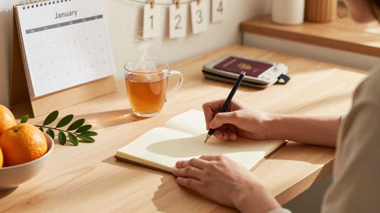 Pessoa a escrever num caderno numa secretária com chá, cesta de laranjas e calendário de janeiro.