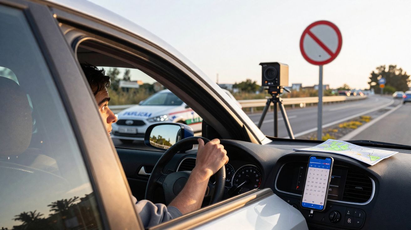Condutor masculino observa radar de velocidade instalado na berma de estrada em dia soalheiro.