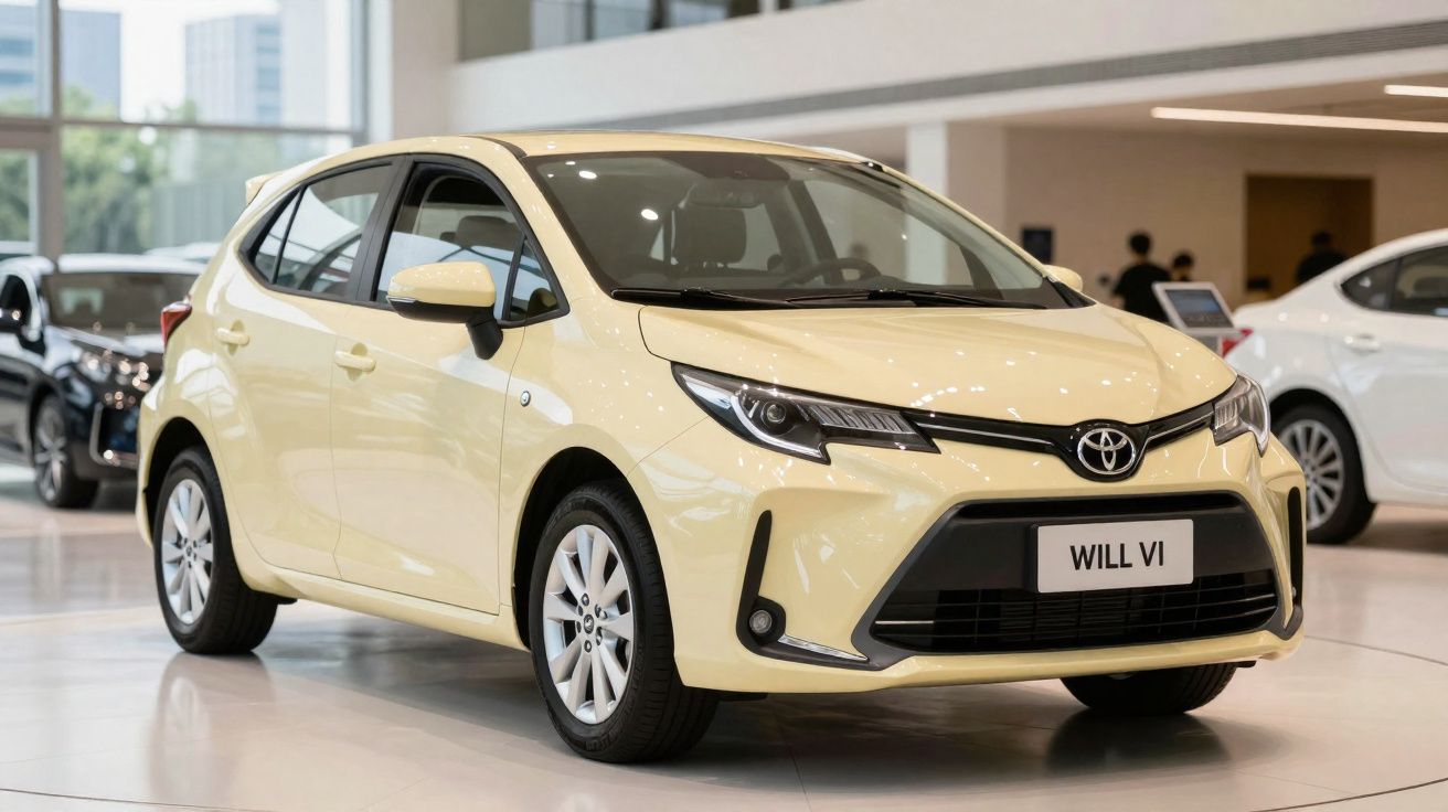 Carro Toyota Will VI bege em exposição numa sala de showroom moderna e iluminada.