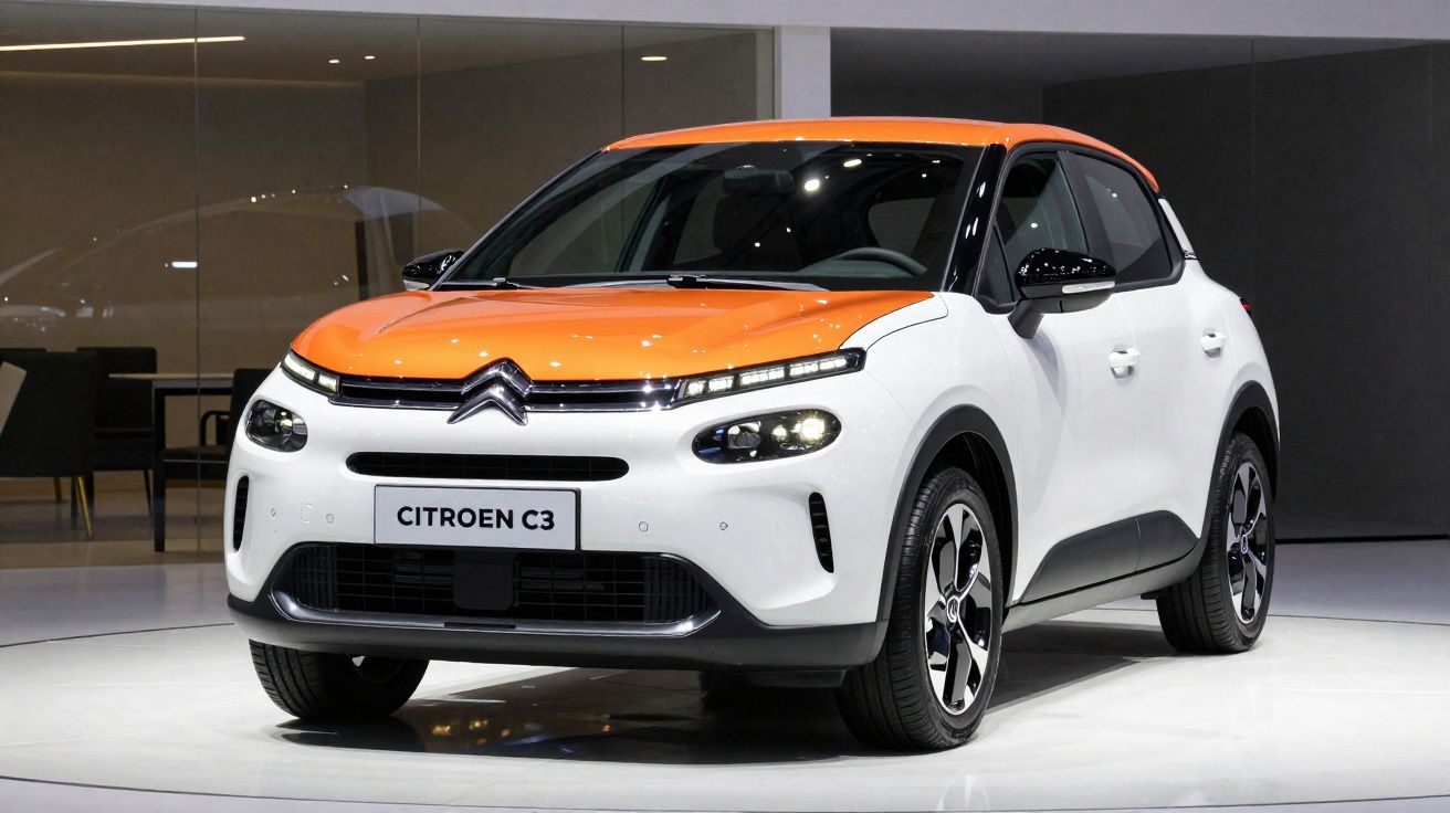 Automóvel Citroën C3 branco com capô e tejadilho laranja em exposição interior.