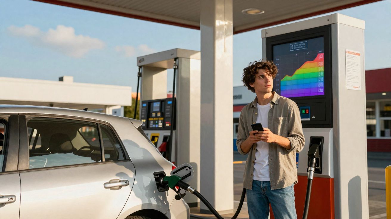 Jovem de pé junto a carro a abastecer numa bomba de combustível enquanto segura um telemóvel numa estação.