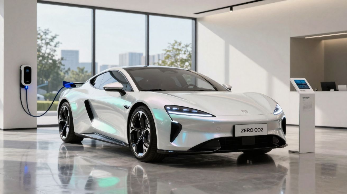 Carro desportivo elétrico branco a carregar numa estação de carregamento, em showroom moderno.