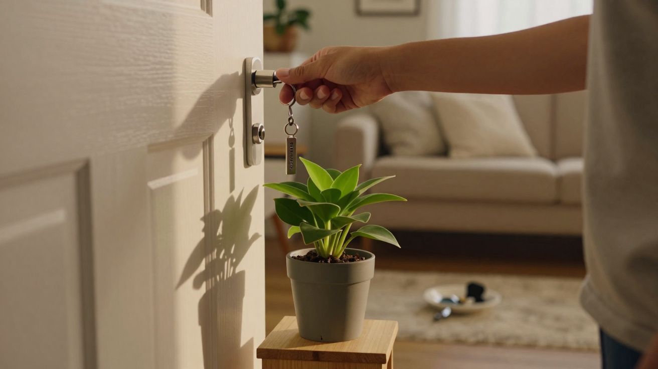 Mão a abrir porta de casa com chave, planta verde em vaso no suporte e sofá com almofadas ao fundo.