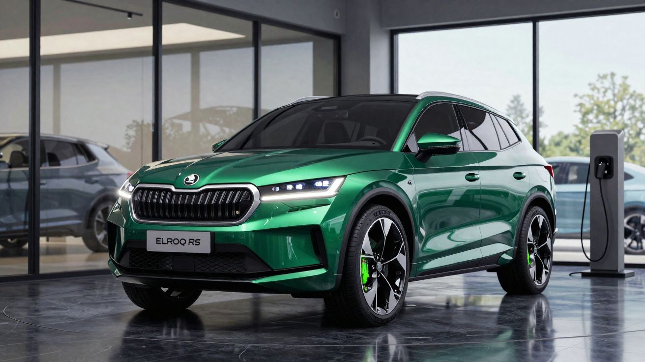 Carro elétrico Skoda Elroq RS verde numa exposição moderna com estação de carregamento interior.