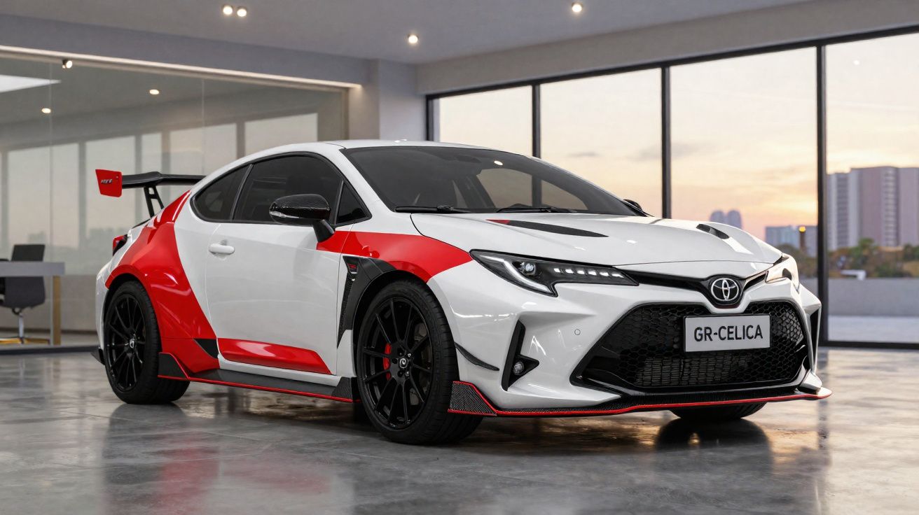 Carro desportivo Toyota GR-Celica branco com detalhes vermelhos num parque coberto moderno.