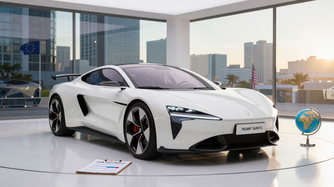 Carro desportivo elétrico branco exibido numa plataforma giratória em sala moderna com vista urbana ao fundo.