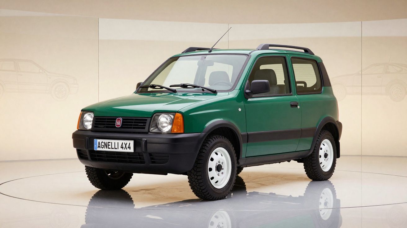 Automóvel verde Fiat Agnelli 4x4 num salão com roda sob reflexo no chão polido.