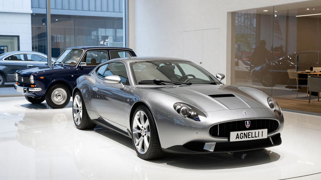 Automóvel desportivo moderno prateado em primeiro plano com carro clássico azul ao fundo em espaço interior moderno.