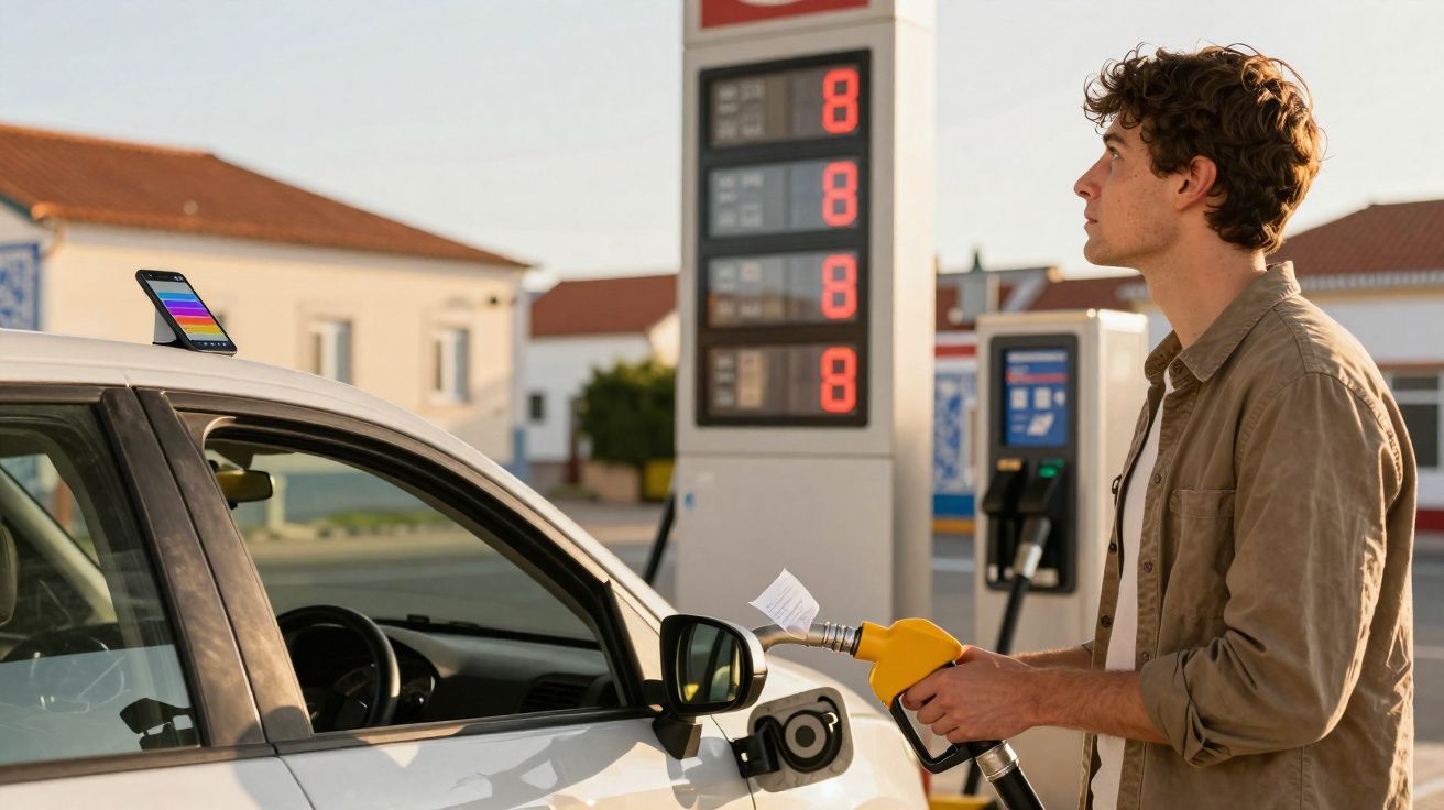 Jovem com camisa castanha abastece carro branco numa bomba de combustível ao pôr do sol numa pequena vila.