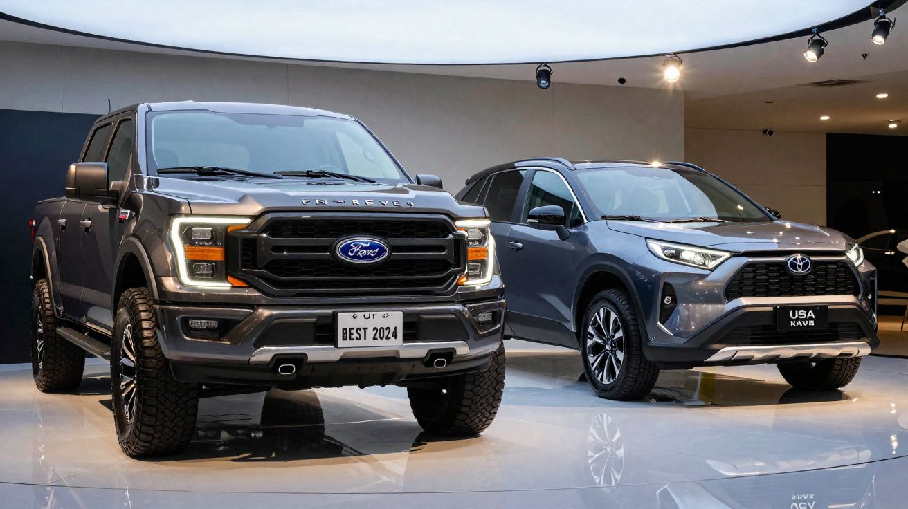 Dois carros cinzentos em exposição: um Ford pick-up e um Toyota SUV, ambos modernos e brilhantes.