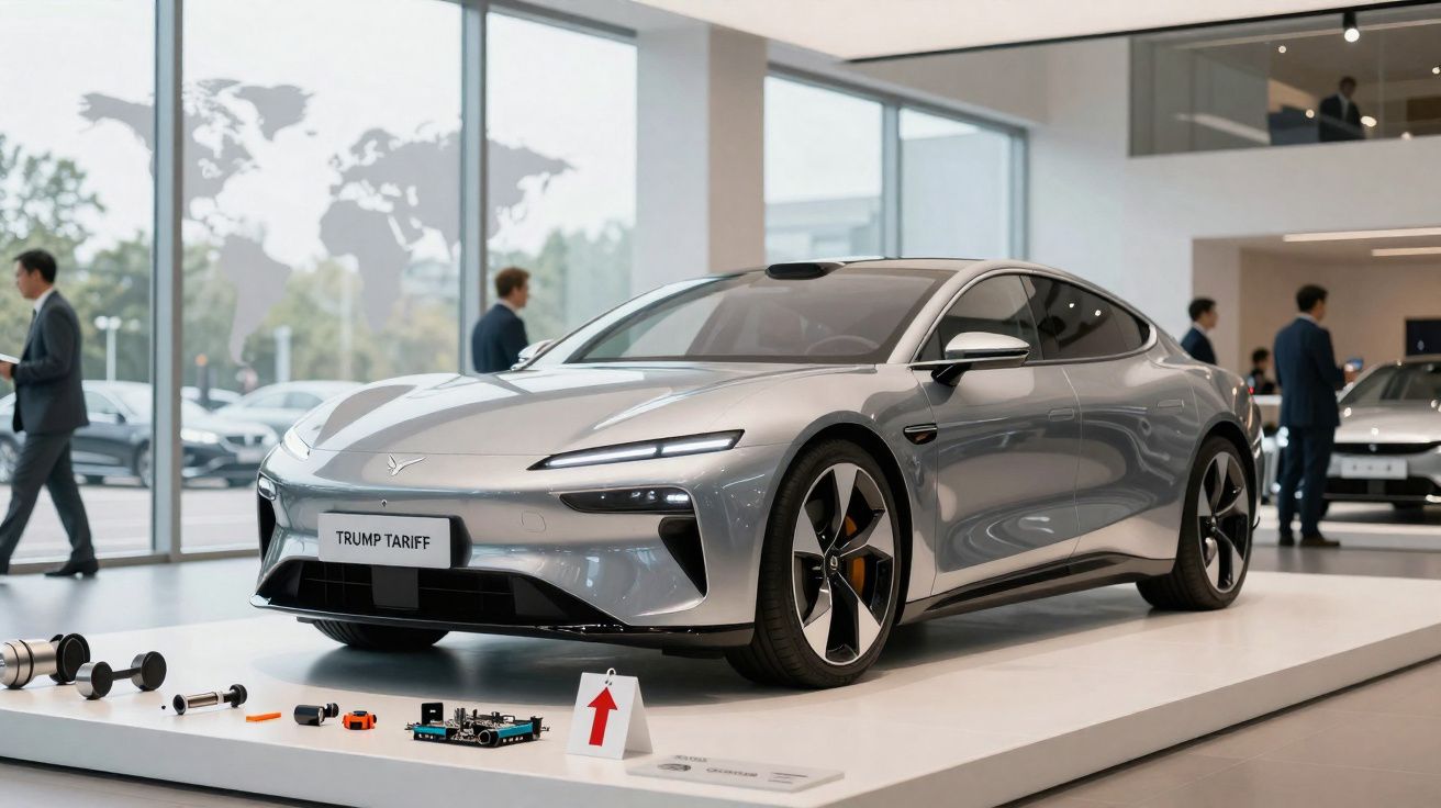 Carro elétrico moderno cinza exposto em showroom com pessoas ao fundo e placa "TRUMP TARIFF".