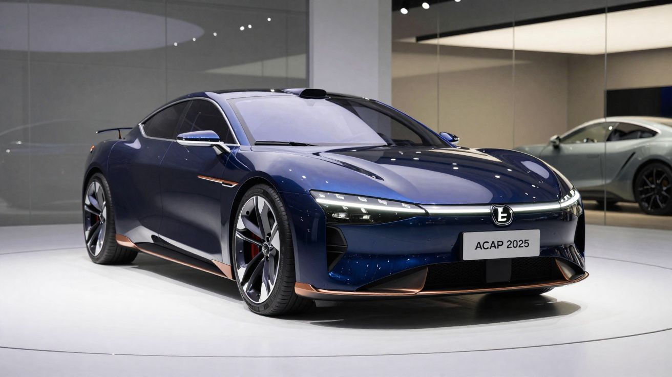 Carro desportivo elétrico azul escuro em exposição com design moderno e futurista, placa ACAP 2025.