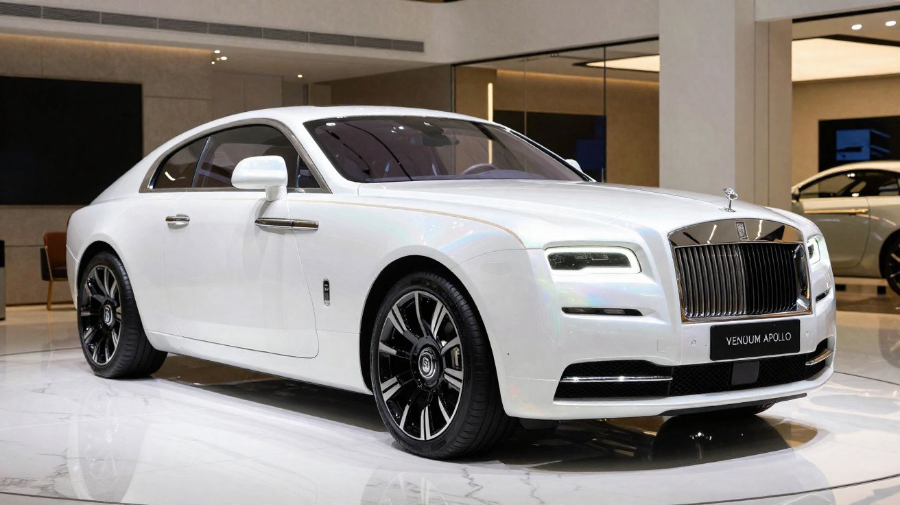 Carro de luxo branco Rolls-Royce Venum Apollo estacionado em showroom moderno e iluminado.