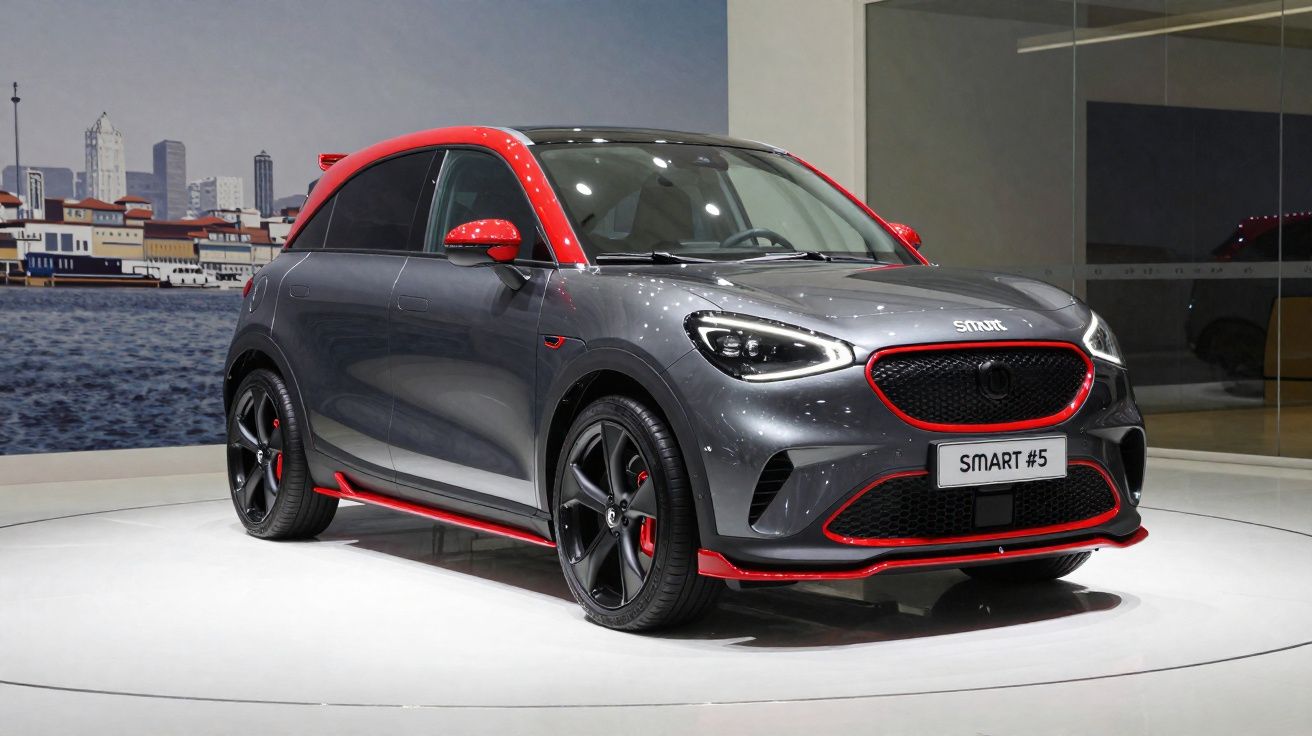 Carro Smart #5 cinzento com detalhes vermelhos exposto numa plataforma branca, com fundo de cidade e vidro.