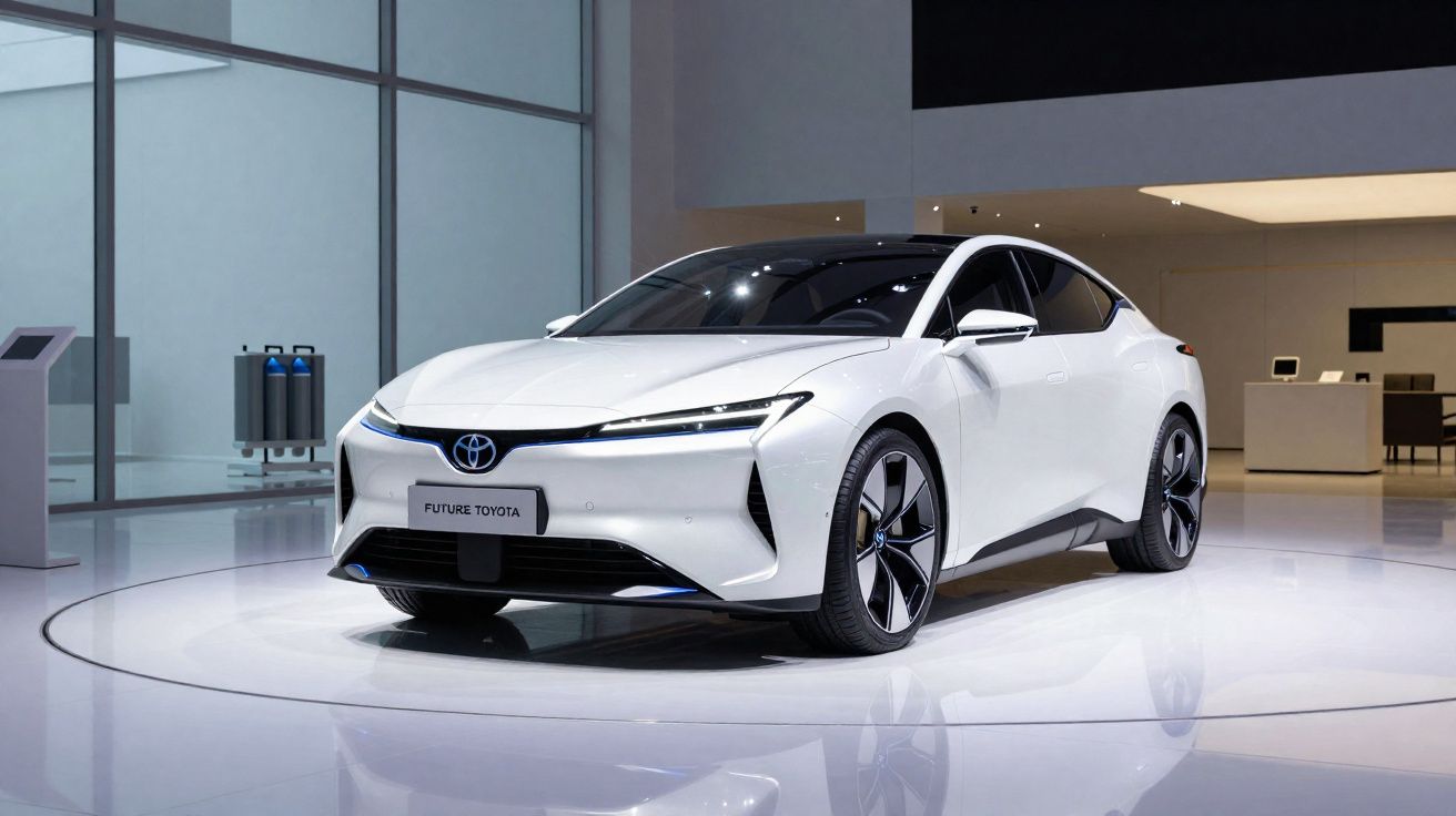 Carro elétrico branco Toyota Future estacionado em sala de exposição moderna com chão brilhante.