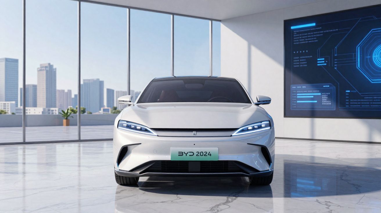 Carro elétrico branco BYD 2024 em espaço interior moderno com janelas panorâmicas e painel digital no fundo.