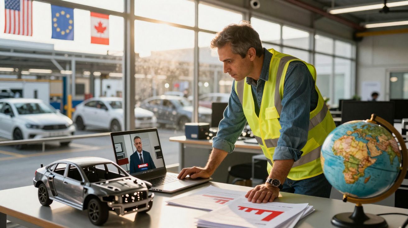 Homem com colete de segurança numa oficina a analisar gráficos e assistir a reunião online no portátil.
