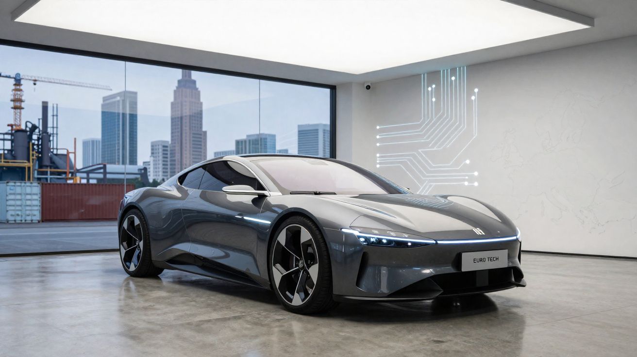 Carro desportivo elétrico cinzento estacionado em espaço interior moderno com vista urbana ao fundo.