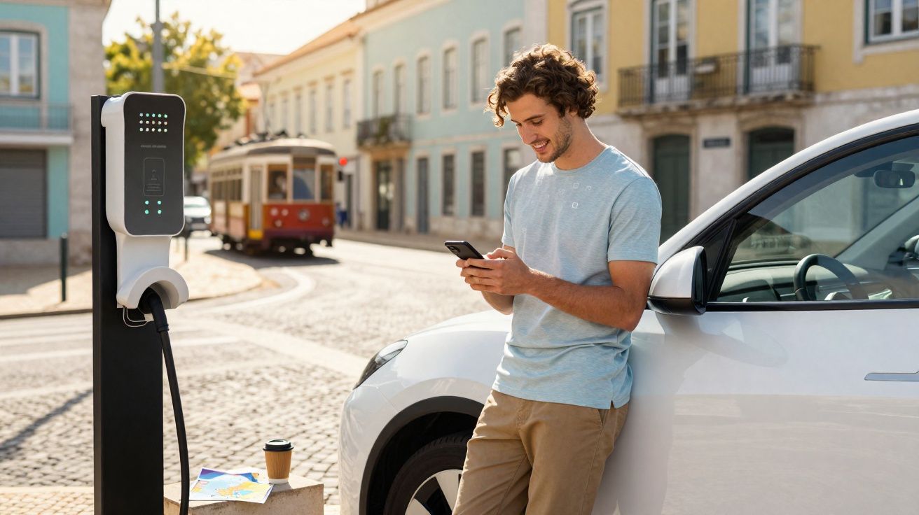 Jovem junto a carro elétrico a carregar bateria numa rua histórica com elétrico ao fundo.