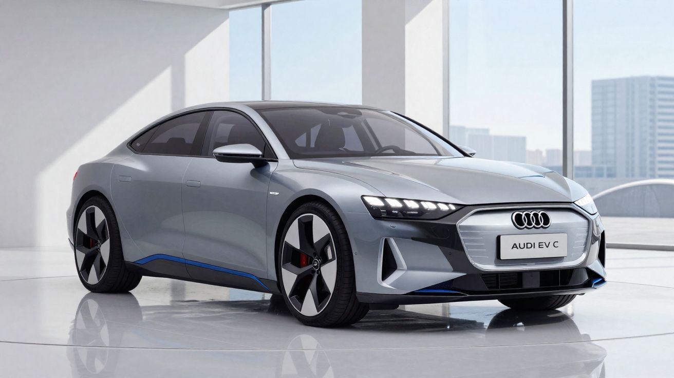 Carro eléctrico Audi EV C cinzento estacionado num espaço interior iluminado por janelas amplas.