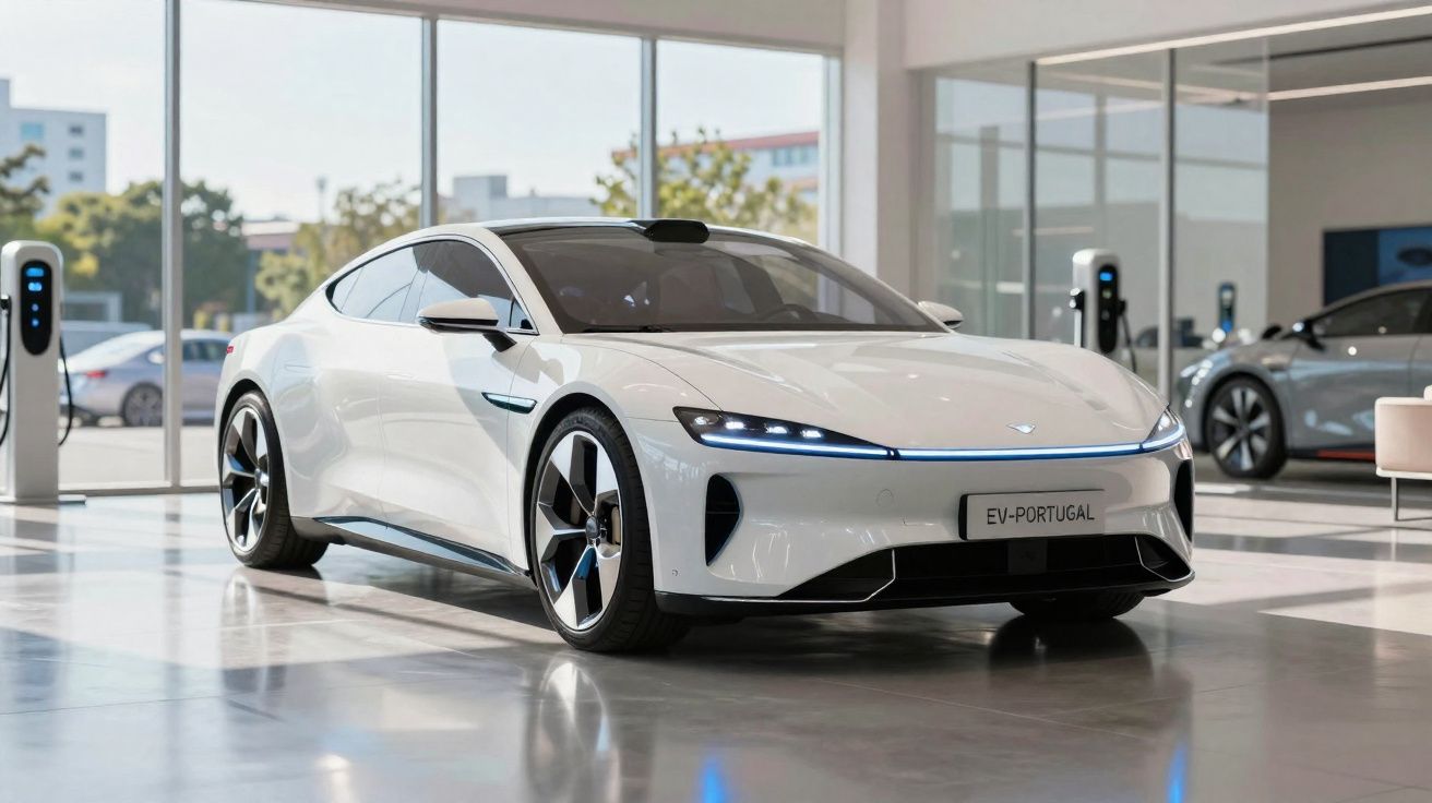 Carro elétrico branco elegante em showroom moderno com estações de carregamento ao fundo.