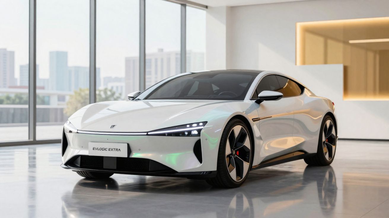 Carro desportivo elétrico branco EVLOGIC EXTRA estacionado em ambiente moderno e iluminado.