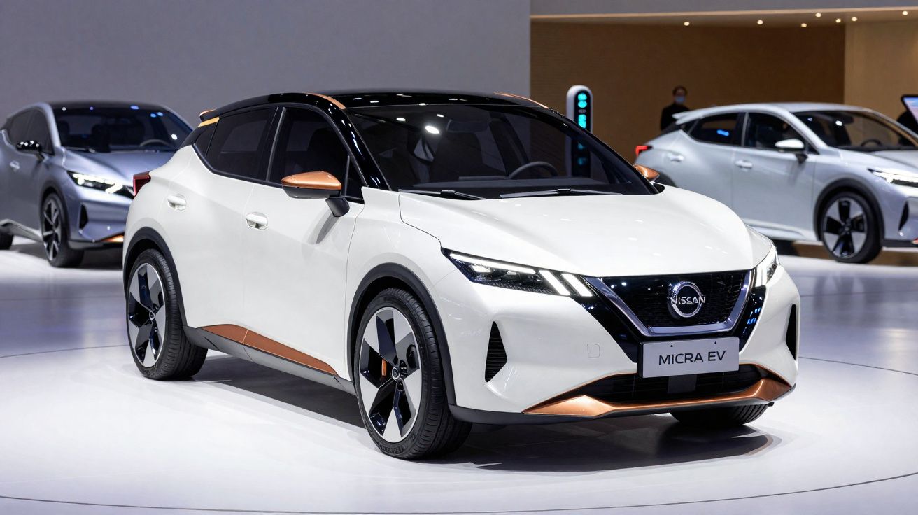 Carro elétrico Nissan Micra EV branco com detalhes dourados exposto em salão automóvel moderno.