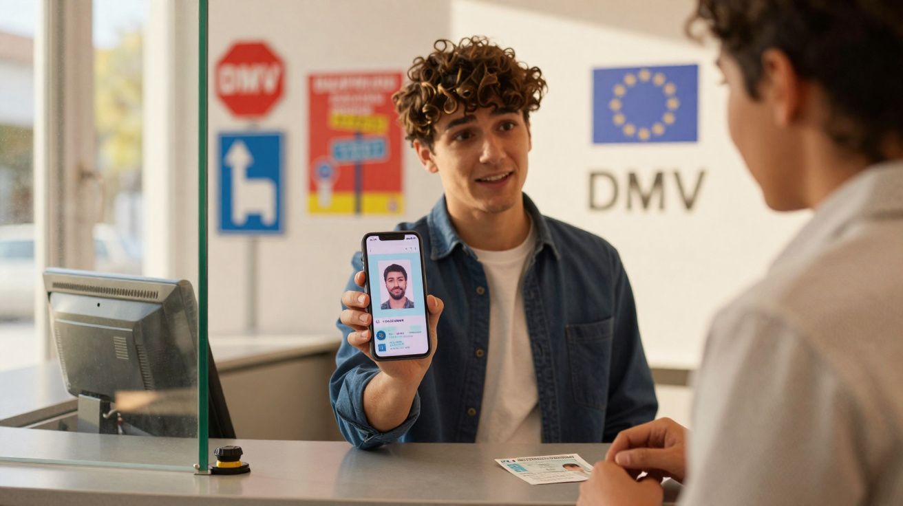 Jovem mostra identidade digital num smartphone no balcão de um serviço de veículos DMV.