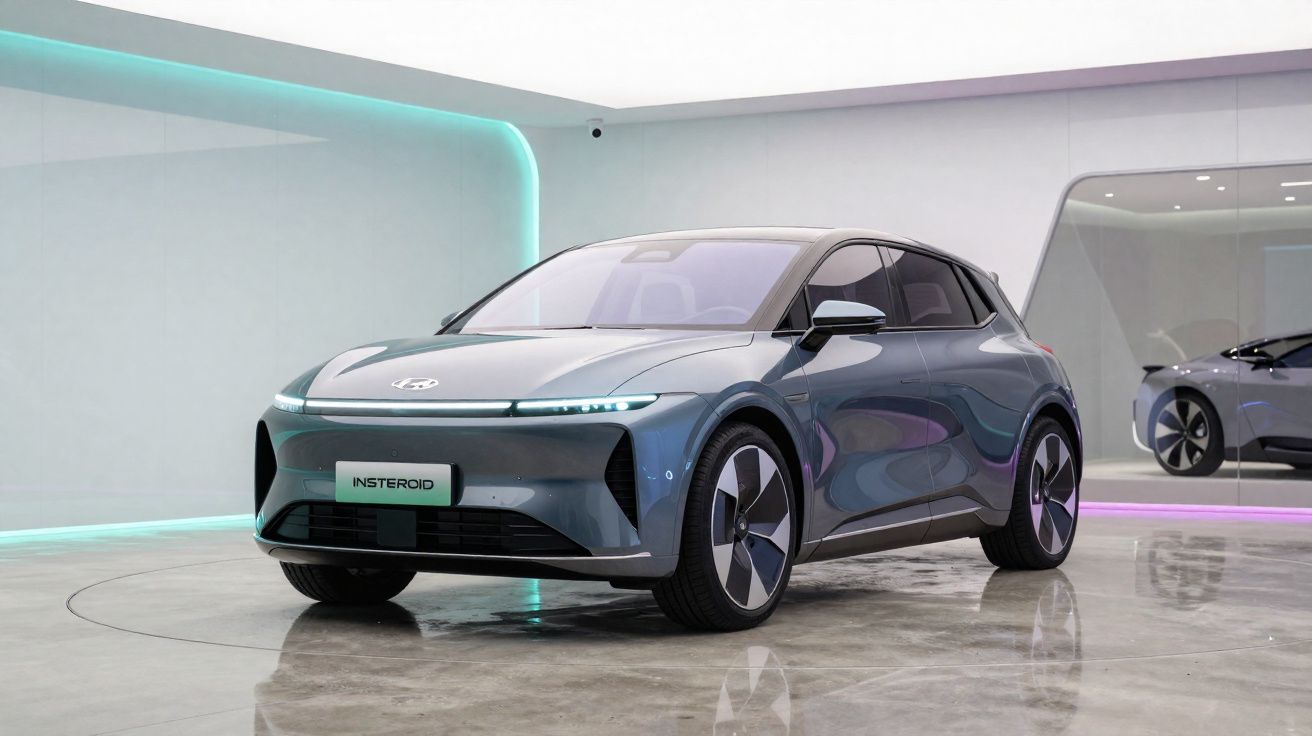 Carro elétrico cinza moderno em exibição numa sala futurista com iluminação LED suave.