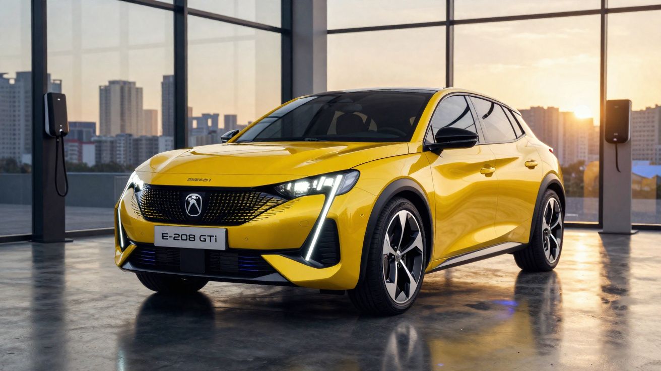 Carro elétrico Peugeot E-208 GTi amarelo estacionado em espaço interior com janelas grandes ao pôr do sol.