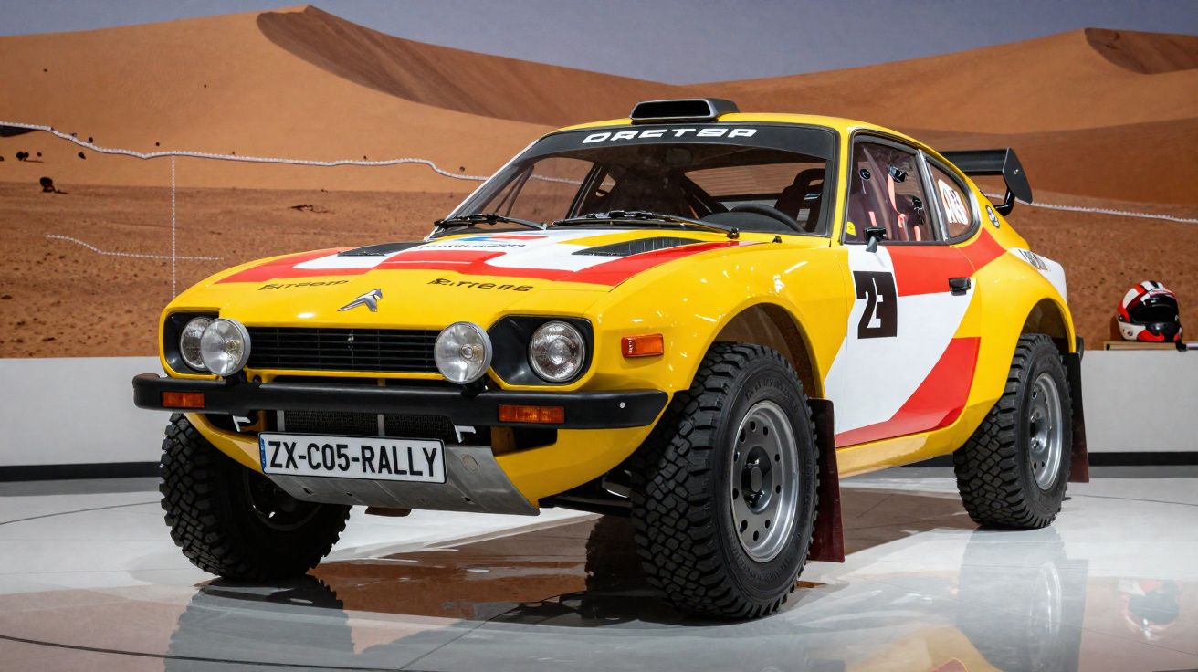 Carro de rali amarelo e branco com decoração vermelha exposto num espaço com cenário de deserto.