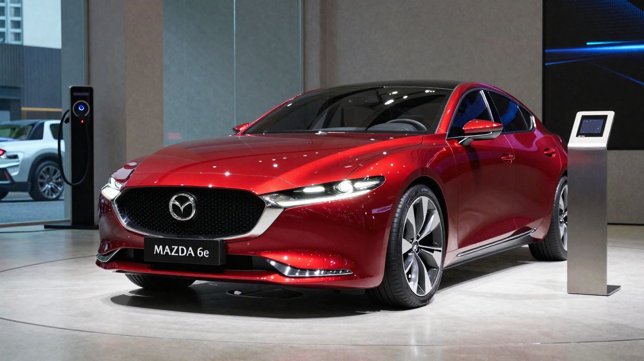 Carro eléctrico Mazda 6e vermelho em exposição numa sala moderna com carregador ao lado.