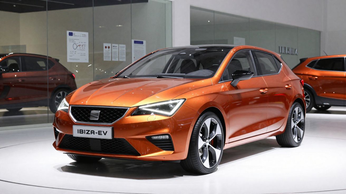 Carro elétrico SEAT Ibiza EV laranja em exposição, com faróis ligados e design moderno.