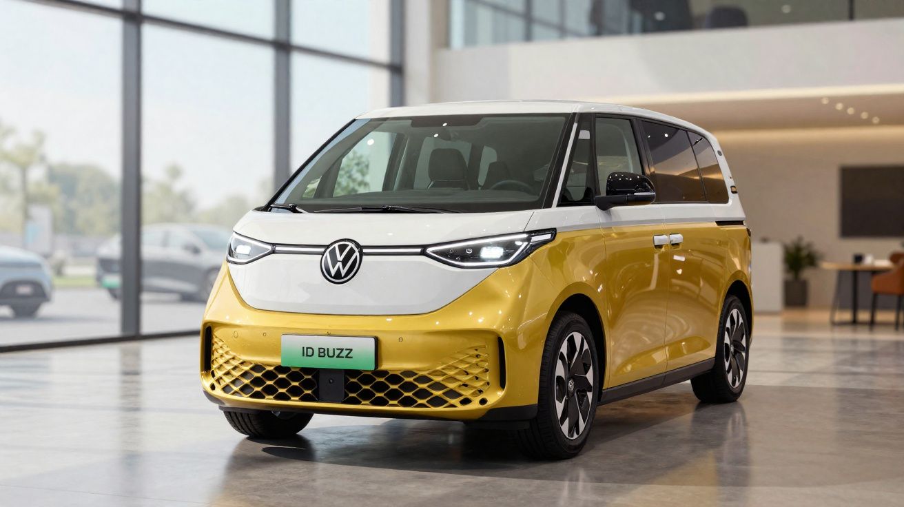 Volkswagen ID Buzz elétrico amarelo e branco estacionado em ambiente interior moderno.