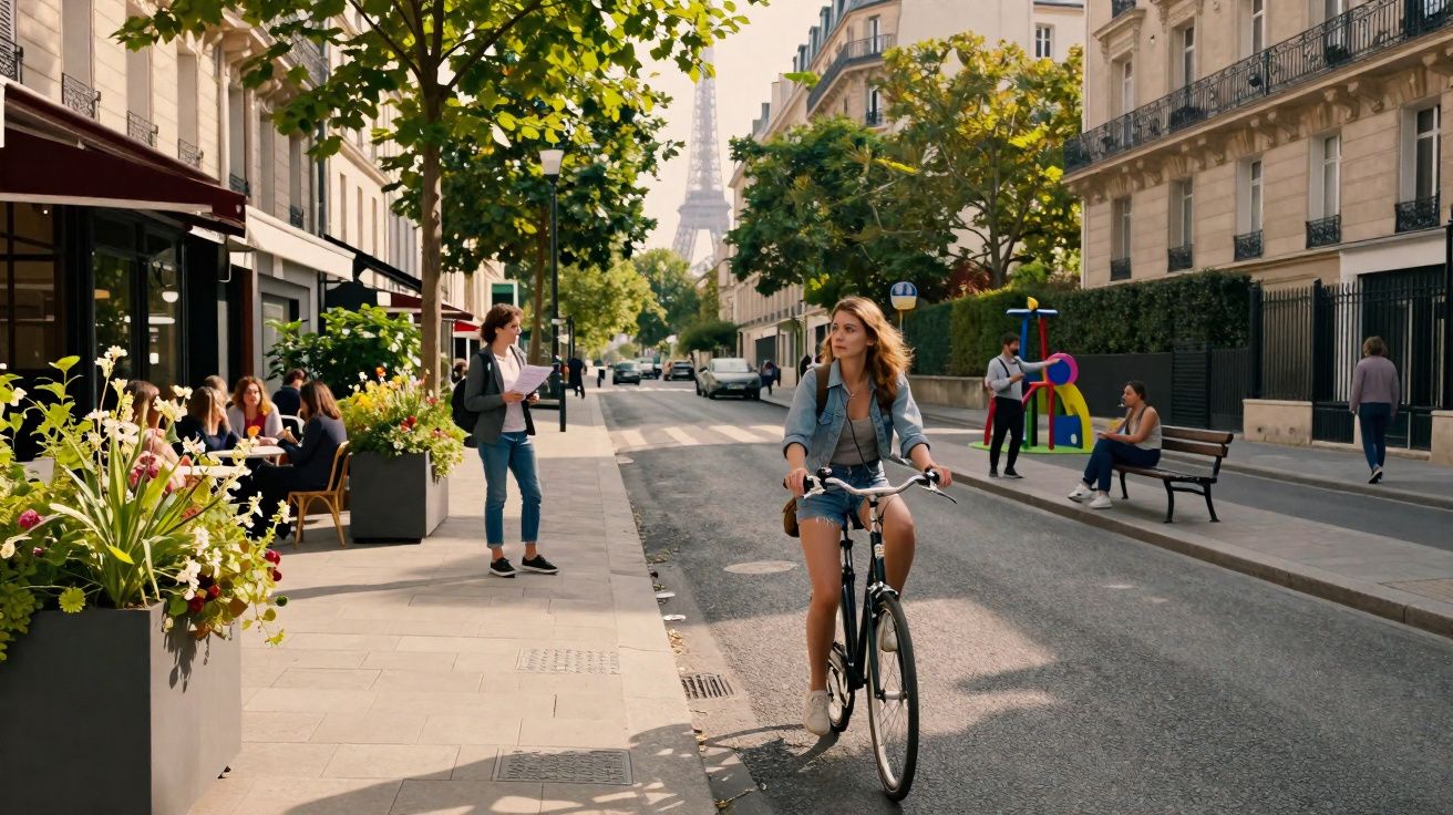 Jovem a andar de bicicleta numa rua de Paris com pessoas sentadas numa esplanada e a Torre Eiffel ao fundo.