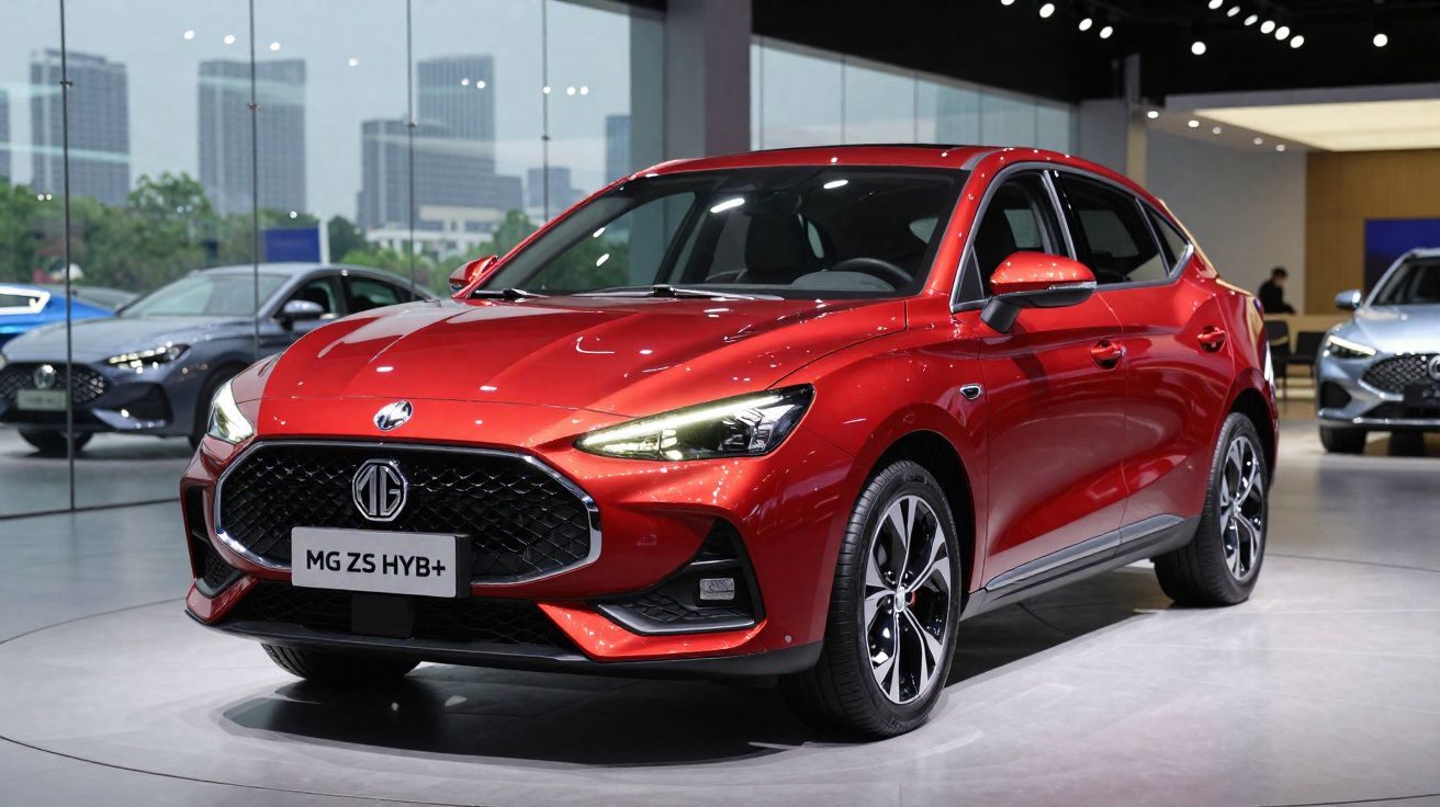 Carro crossover vermelho MG ZS Hybrid+ apresentado em salão automóvel moderno.