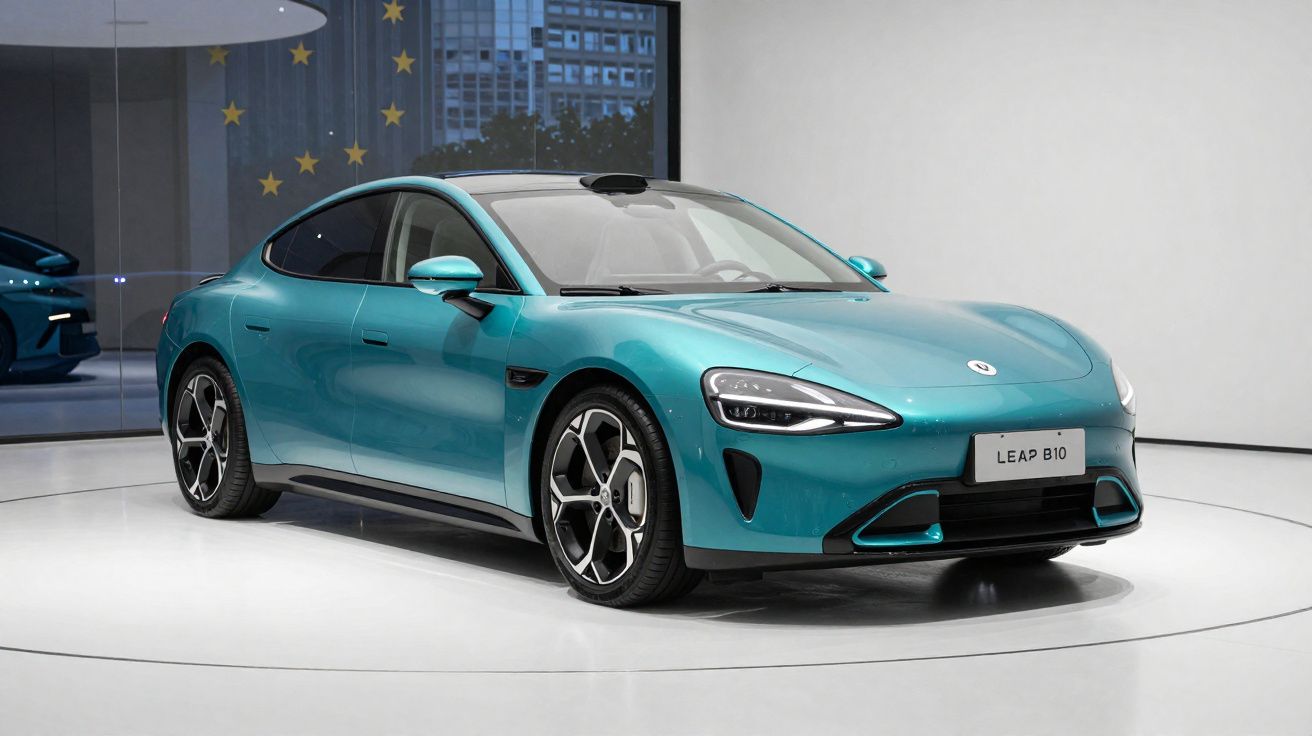 Carro elétrico desportivo azul esverdeado LEAP B10 num salão de exposições moderno e minimalista.