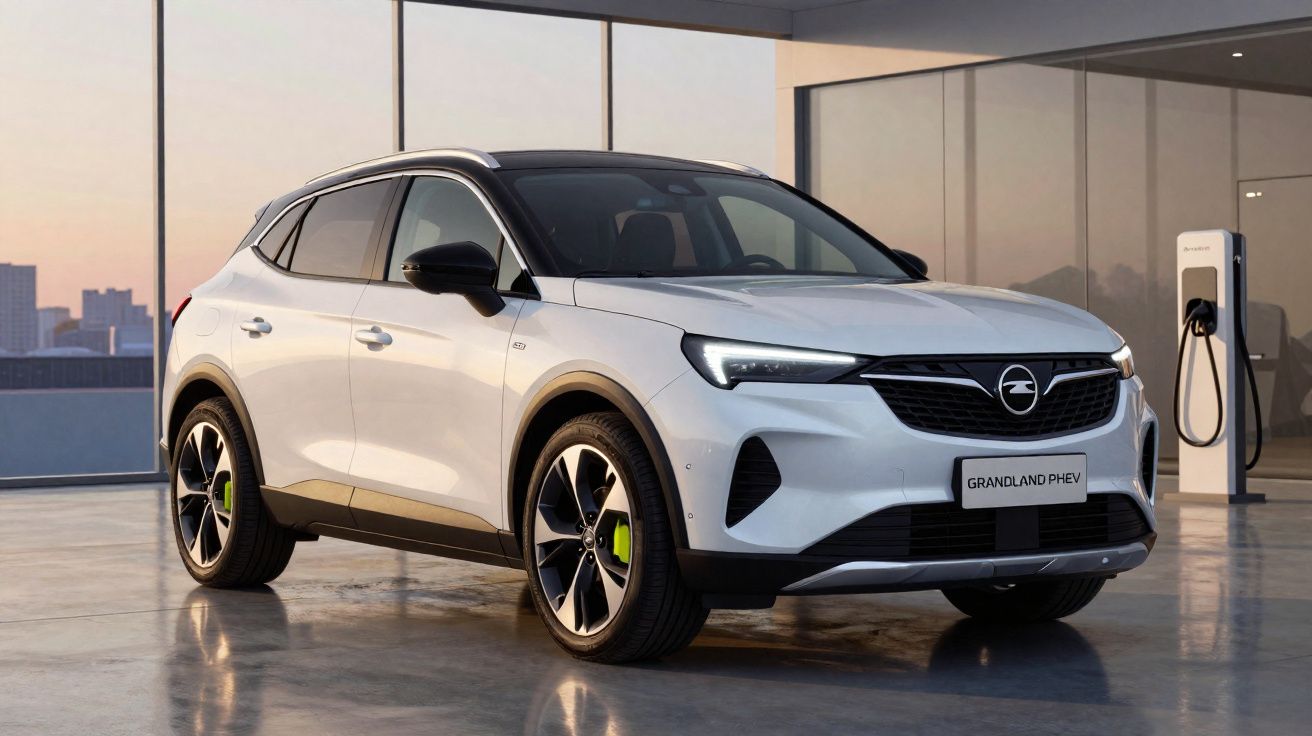 Opel Grandland PHEV branco estacionado em garagem moderna, junto a ponto de carregamento elétrico.